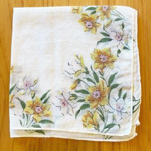 Vintage Handkerchief Hanky Printed White Yellow Flowers Green Leaves 11"